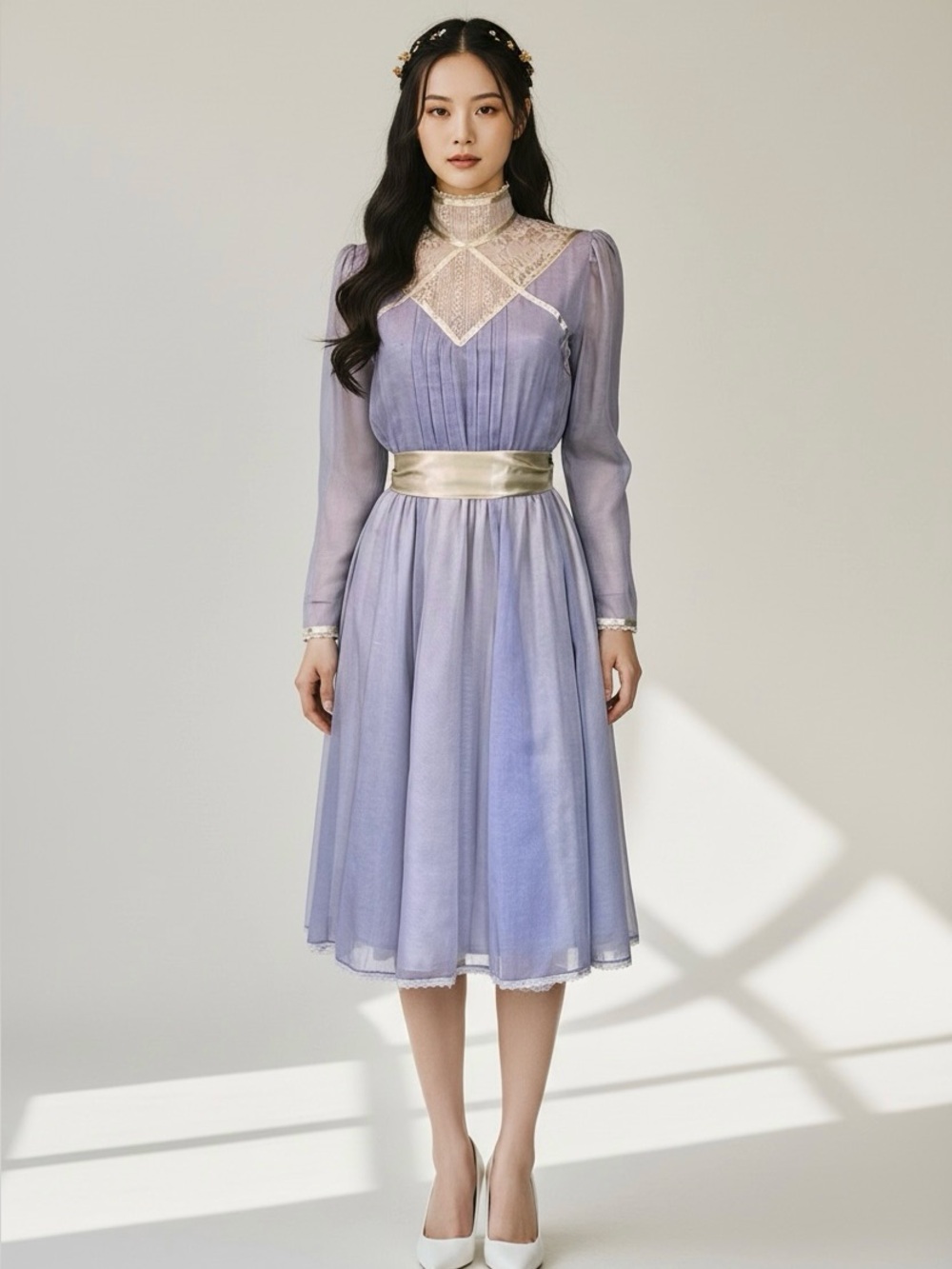 PERIWINKLE Blue Gunne Sax High Neck Gauze PRAIRIE Dress XS S
